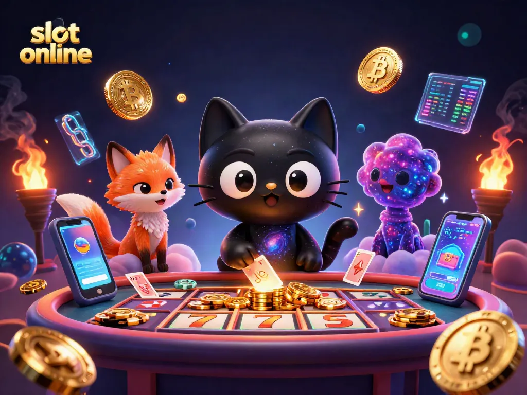 Play exciting slot online games with vibrant characters in a dynamic cosmic casino scene.