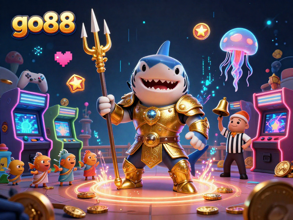 Engaging go88 scene with a fierce shark in armor, glowing games, and underwater excitement for gambling.