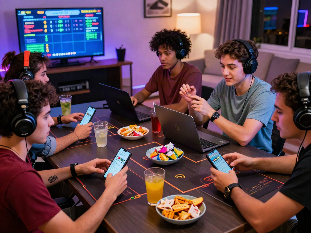 Friends enjoying togel online gaming session with lively atmosphere and gadgets
