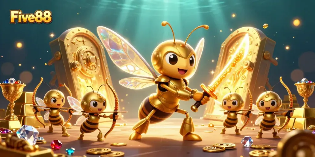 Engage with Five88's vibrant casino action featuring a golden hornet and treasure.
