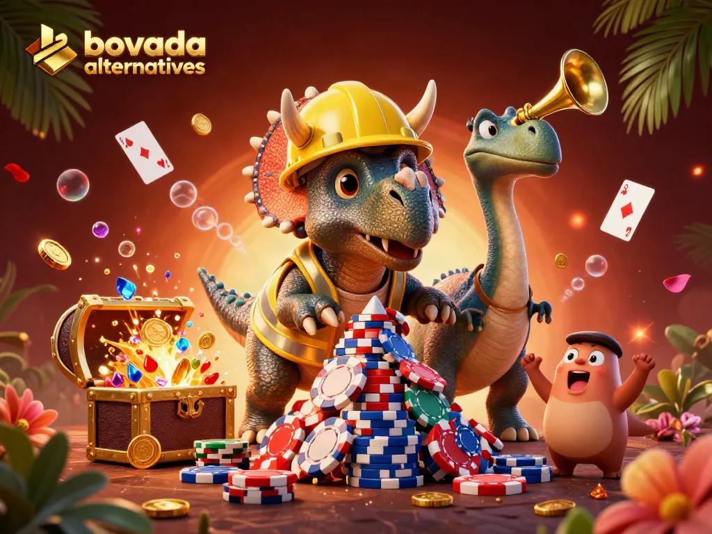 Discover the vibrant world of bovada alternatives with casino-themed characters celebrating in a dynamic scene.