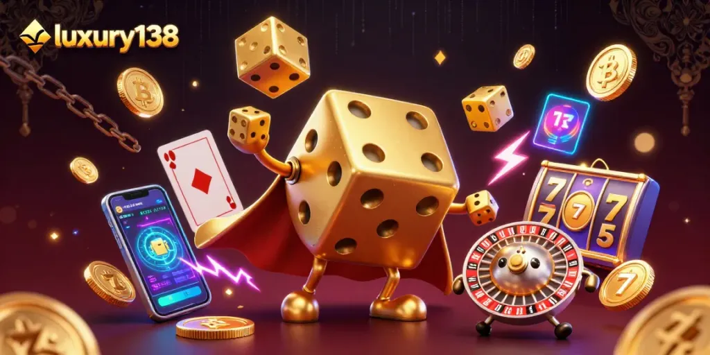 Experience luxury138 as golden dice juggle amidst Bitcoin and Ethereum coins in a vibrant online casino scene.