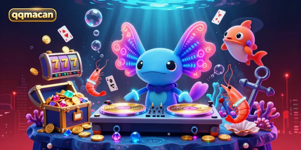Spin to win with qqmacan in a vibrant underwater casino illustrated with colorful characters and dynamic gaming elements.