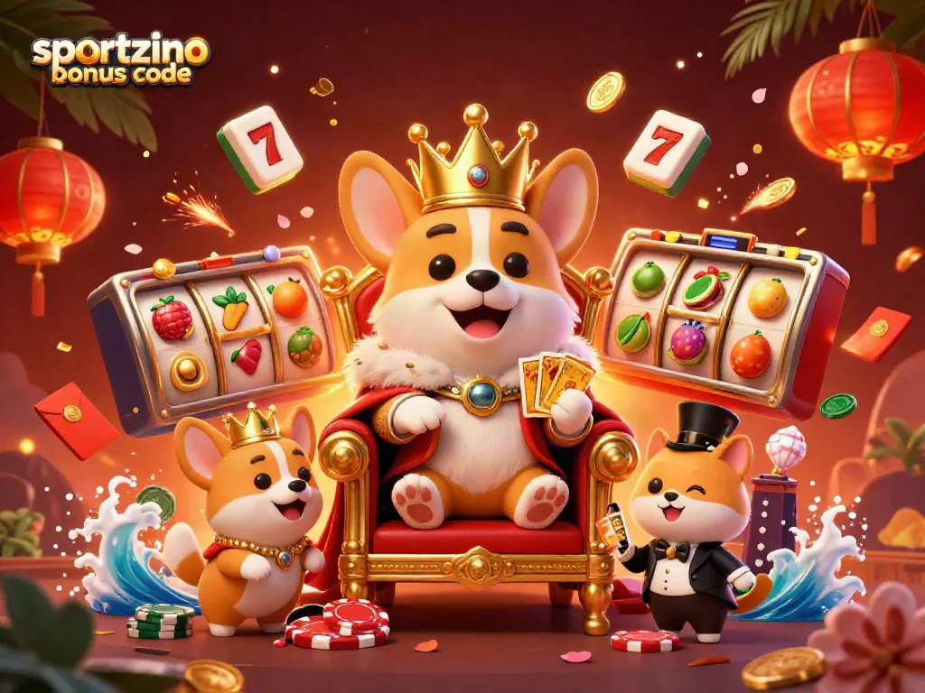 Engage with the sportzino bonus code celebrating casino fun with corgi characters and winning elements.