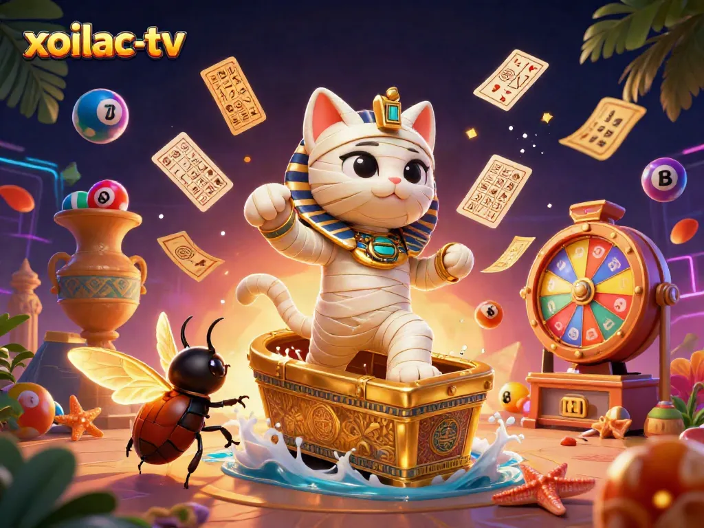 Experience thrilling gameplay at xoilac-tv with a vibrant 3D mummy cat casino scene.