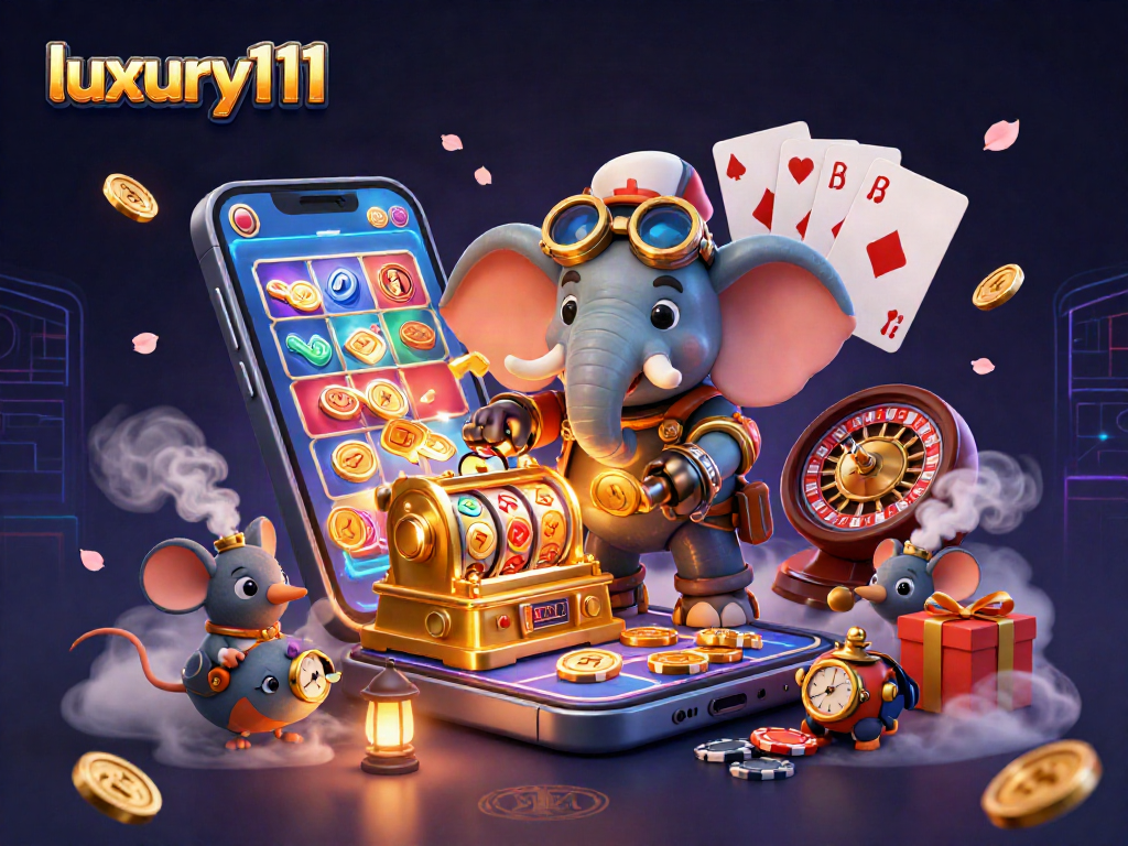 Experience the excitement of luxury111 at a vibrant casino scene with steampunk characters and dynamic game elements.