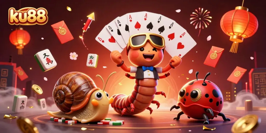 Engage with ku88's thrilling casino atmosphere in a vibrant 3D digital illustration featuring animated characters and game elements.