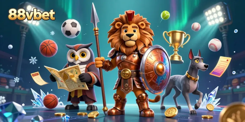 Join the action at 88vbet with a vibrant 3D casino scene featuring a Spartan lion, owl strategist, and greyhound amidst dynamic sports elements.