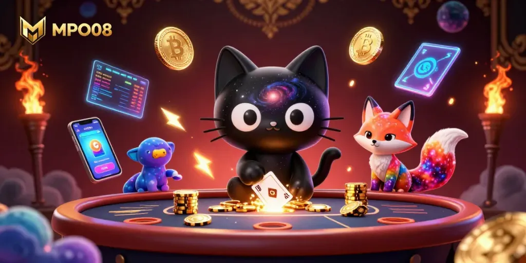 Engage in thrilling gameplay with MPO08 at a cosmic casino, featuring vibrant characters and dynamic elements.