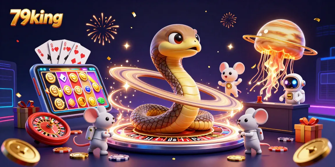 Experience the excitement of 79king with a cosmic casino scene featuring betting mice and vibrant slot games.