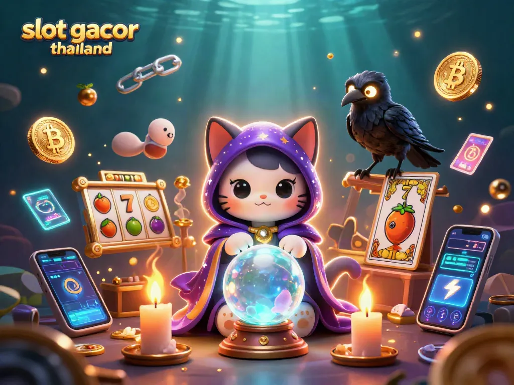 Engage with slot gacor thailand in a vibrant and mystical casino scene with animated characters and symbols.