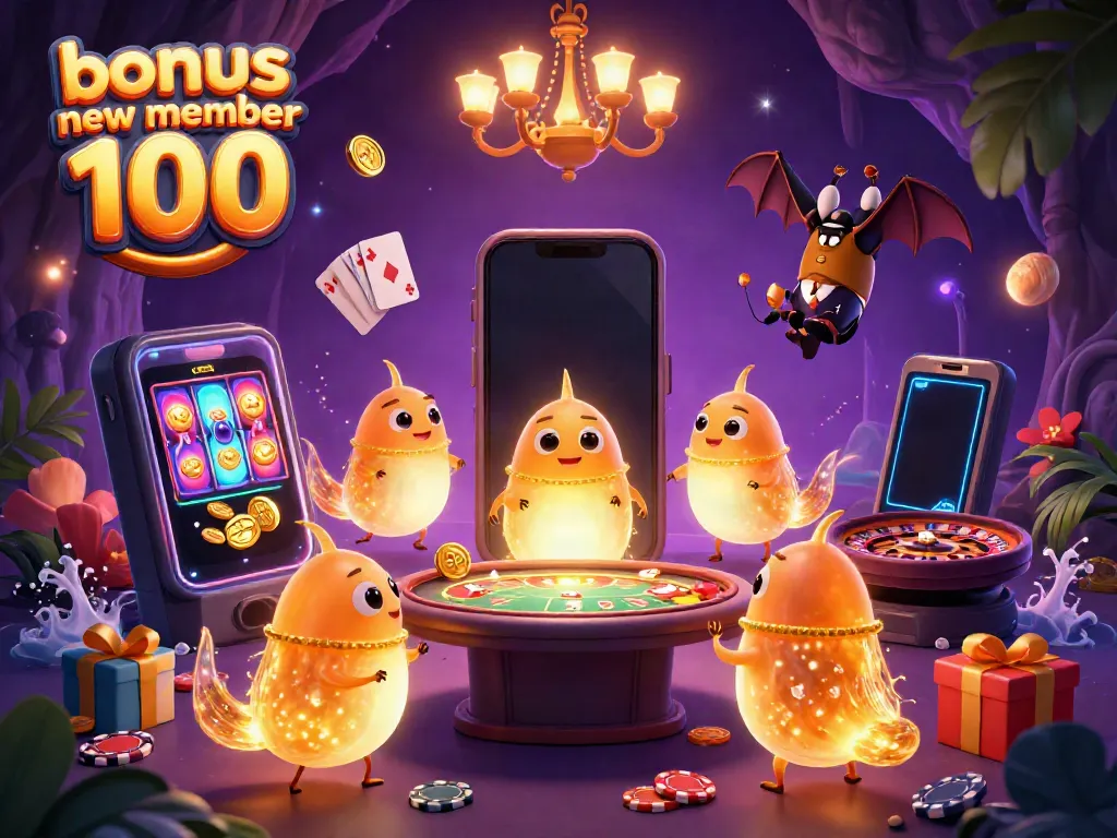 Experience bonus new member 100 with vibrant glowworms lighting a dynamic casino scene filled with thrilling games.