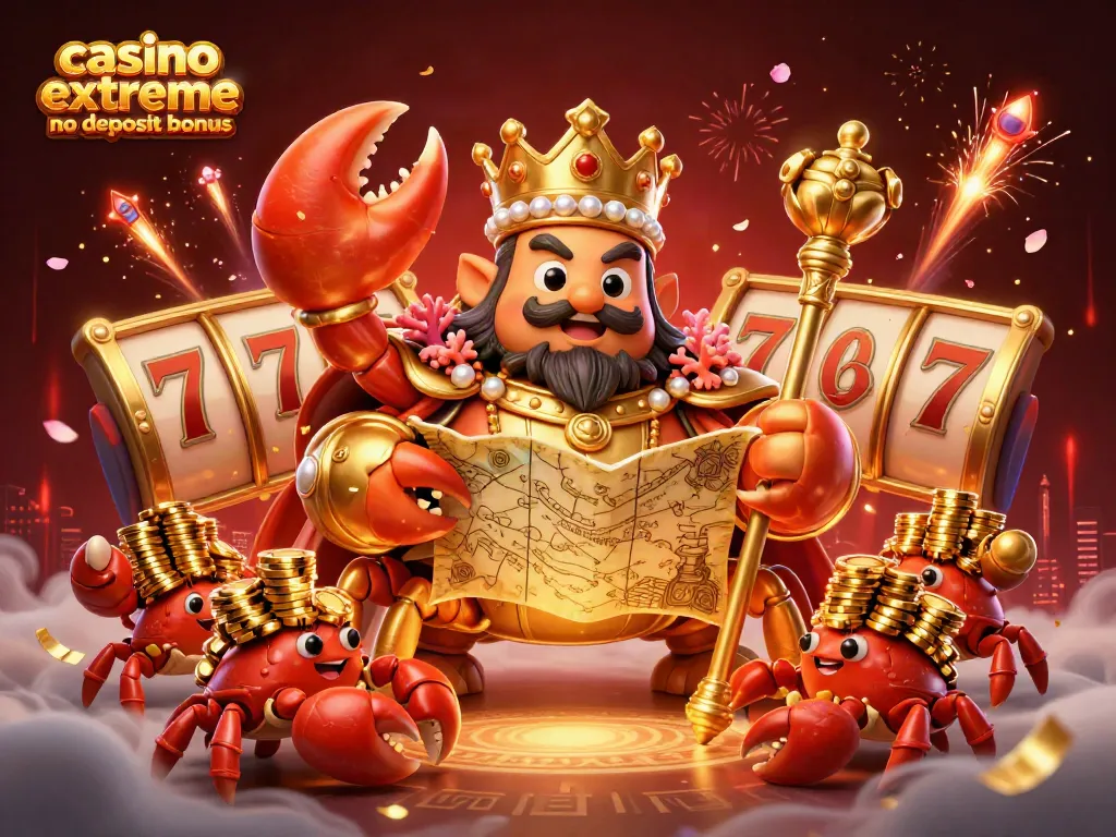 Trigger excitement with casino extreme no deposit bonus showcased in vibrant 3D illustration featuring a crab emperor.