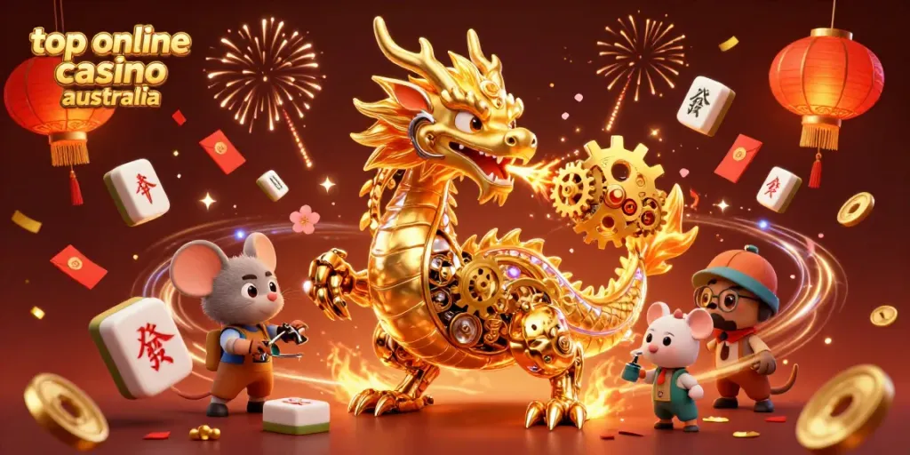 Experience top online casino Australia with a golden dragon and festive gaming elements in a vibrant scene.