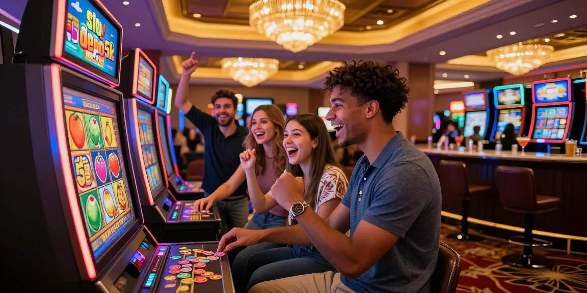 Group of friends enjoying a 'slot depo 5k' game at a lively casino, excited atmosphere.