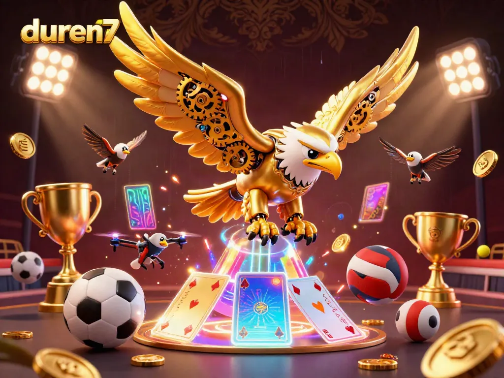 Permainan slot seru dengan karakter DUREN77, uang emas, dan trofi, menciptakan pengalaman bermain yang menyenangkan.