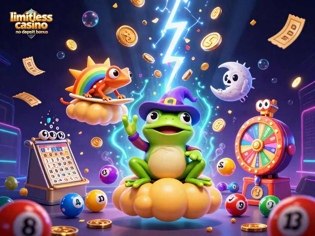 Play limitless casino no deposit bonus with exciting winnings from golden coins and lottery elements in this vibrant scene.