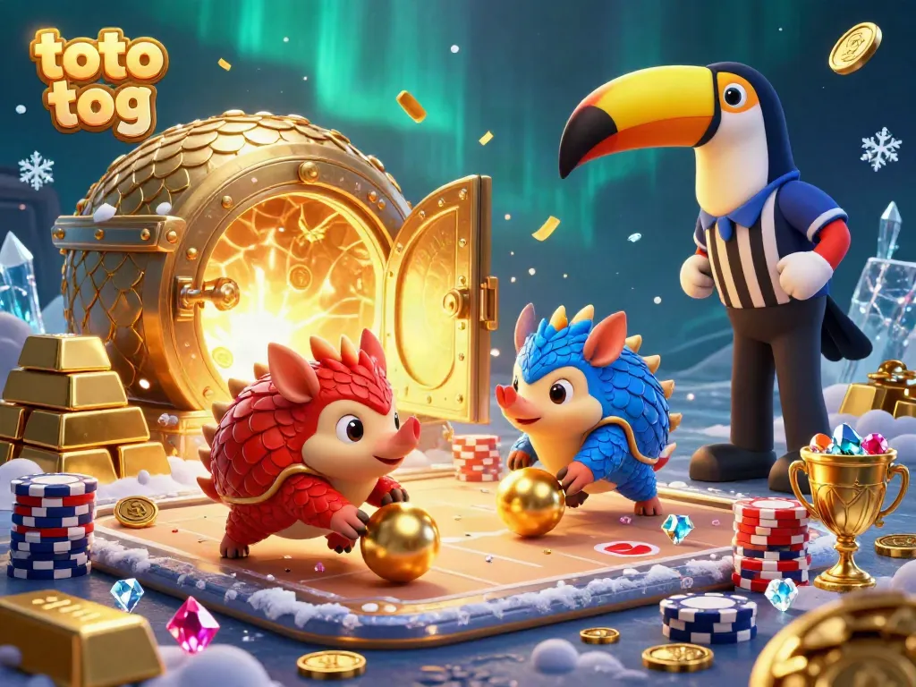 Playing pangolins roll golden balls and poker chips in a colorful casino scene. Explore toto tog.