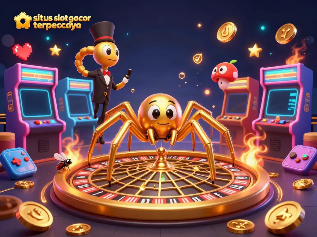 Experience thrilling action at situs slot gacor terpercaya with a vibrant 3D casino scene featuring a golden spider and lively elements.