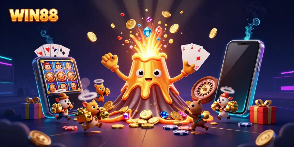 Win88 erupts with coins and treasures in a vibrant casino scene, showcasing excitement and adventure.