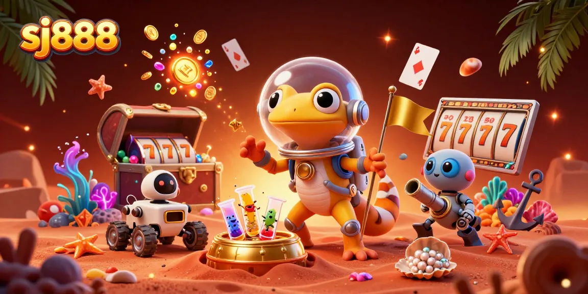 Engage in exciting gameplay with sj888 at a vibrant alien casino, showcasing Martian gecko and casino treasures.