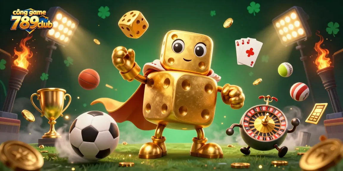 Engage with the thrilling cổng game 789club showcasing a dynamic 3D illustration of cartoon dice and gaming elements.