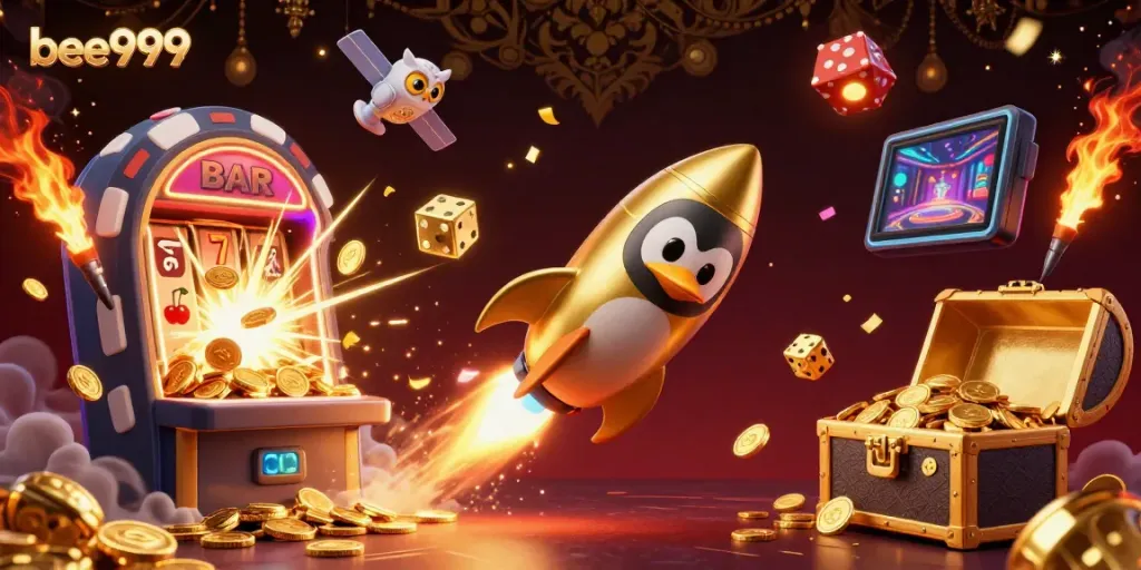 Experience the thrill of gambling with bee999 featuring a golden penguin and dynamic casino elements.