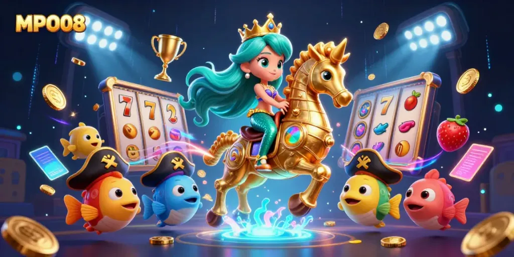A 3D illustration of MPO08 features a mermaid princess and seahorse in a vibrant casino scene.