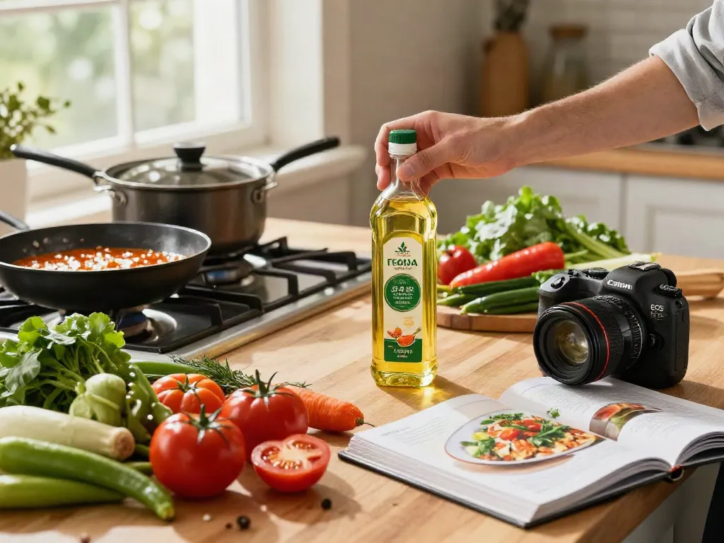 Memasak makanan sehat menggunakan minyak berkualitas dari merdeka123 di dapur yang cerah.