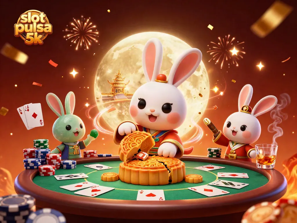 Play slot pulsa 5k and enjoy an exciting scene featuring a moon rabbit celebrating with poker chips and confetti.
