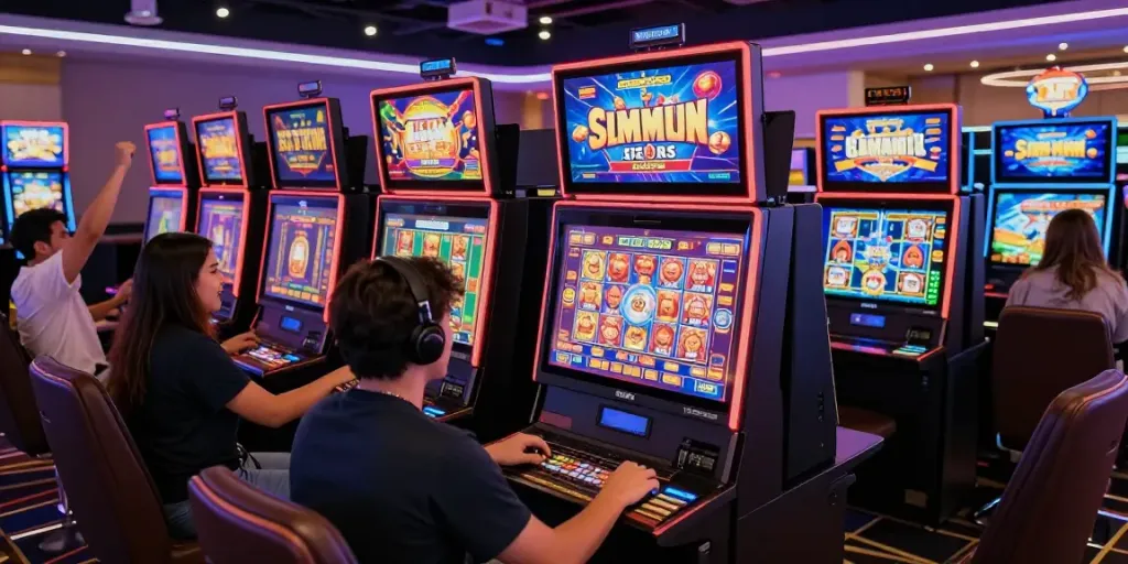 Exciting players enjoying various themed slot online gacor games in a modern digital casino environment with interactive screens and vibrant atmosphere.