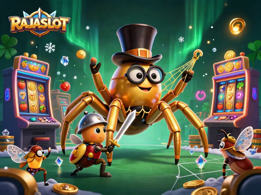 RAJASLOT menampilkan ilustrasi 3D kasino dengan karakter tarantula, kesatria kawat, dan elemen mesin slot emas yang memukau.