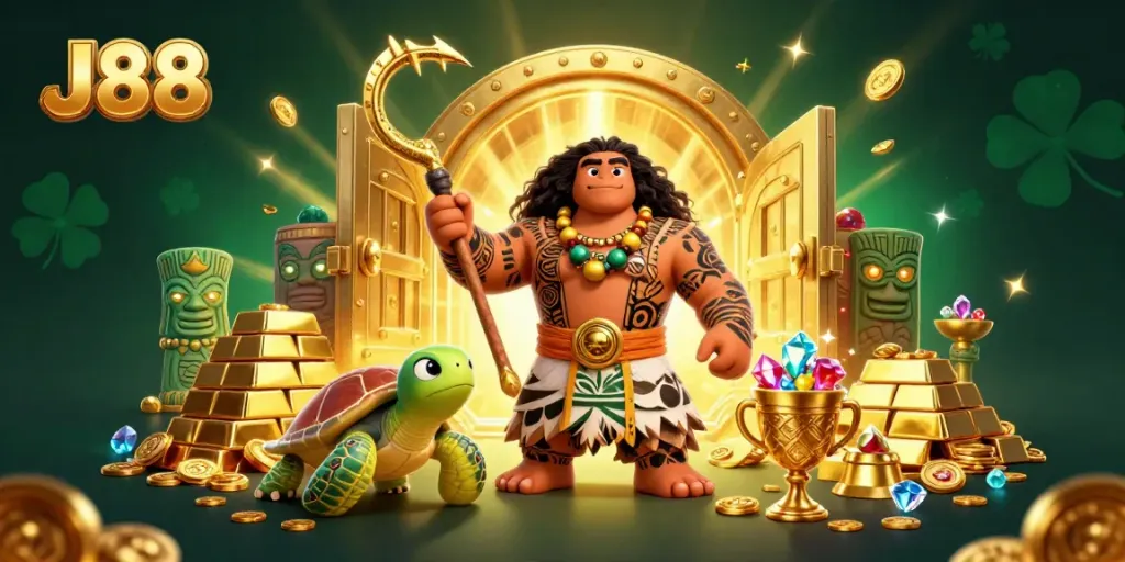 Experience thrilling gaming at J88 with a lively scene featuring a demigod and treasures.