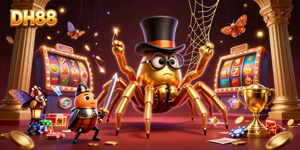 Engage with gaming excitement at DH88 with golden tarantula and beetle knight in a rich casino setting.