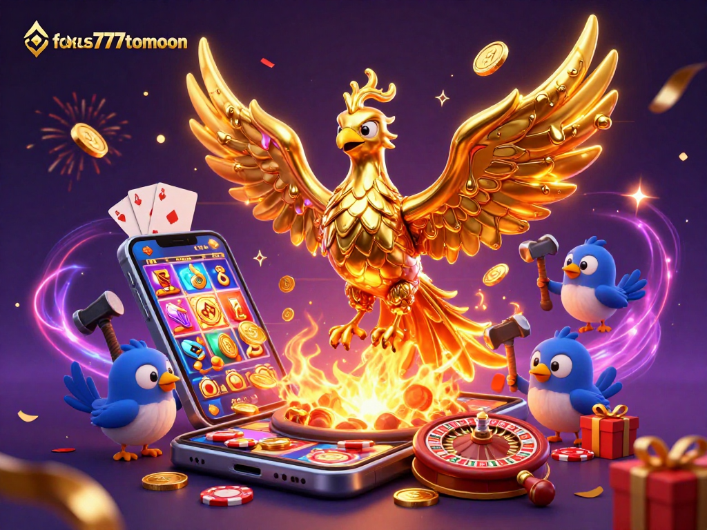Engage in thrilling gaming with fokus777tomoon's golden phoenix and vibrant casino elements.