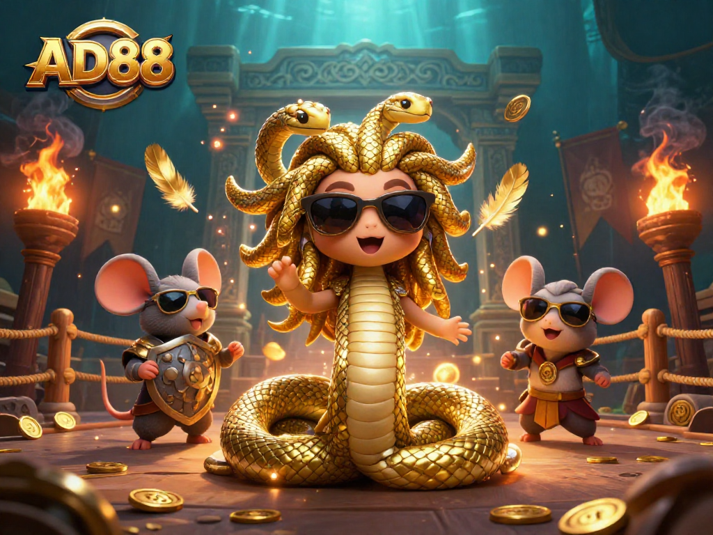 Engage in thrilling gameplay at AD88 with dynamic characters and vibrant casino elements in a rich, immersive scene.