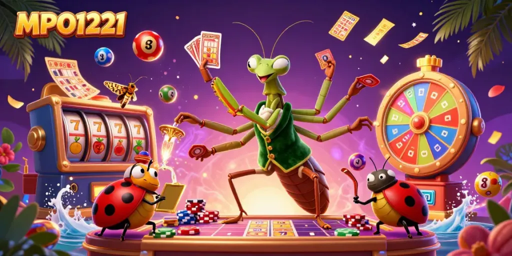 Experience the dynamic gambling scene with MPO1221 featuring card sharp and ladybug pit boss amidst exciting slot elements.