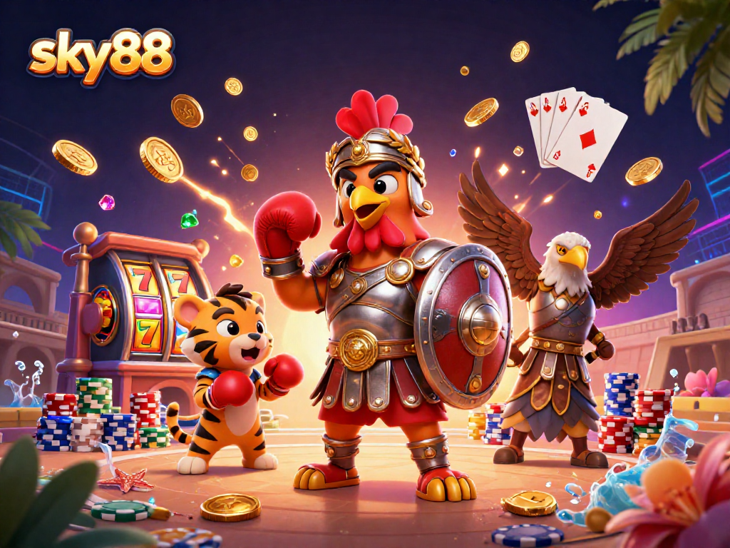 Engage with sky88's thrilling 3D casino scene featuring a gladiator rooster and vibrant game elements.