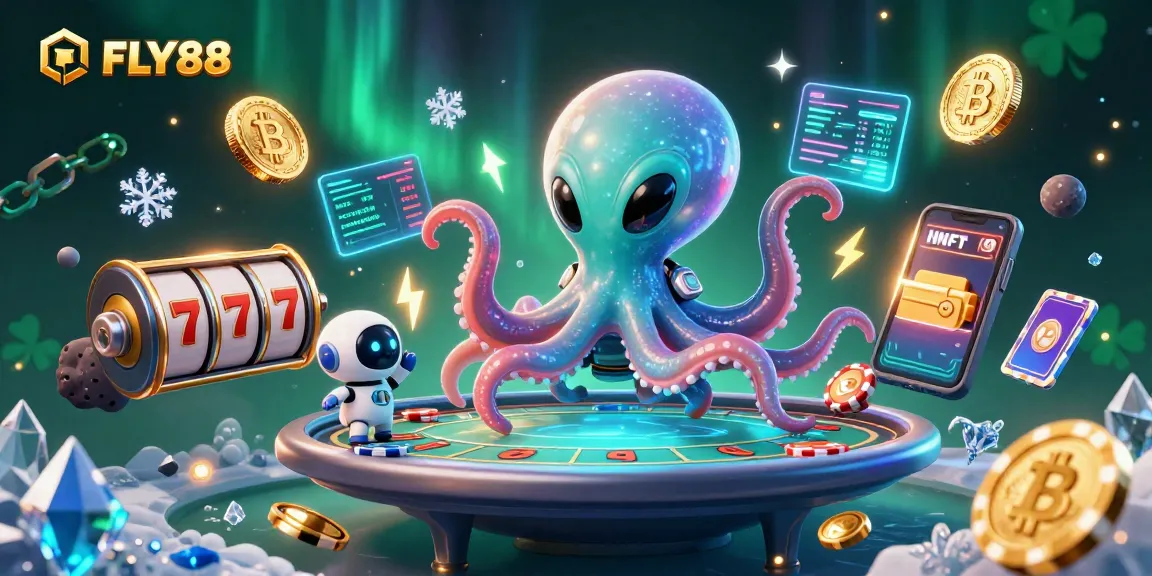 Engage in thrilling gameplay action with FLY88's 3D digital casino illustration, featuring vibrant alien characters.