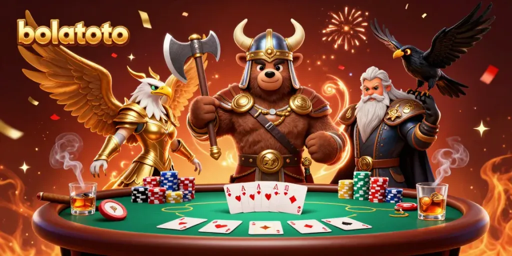 Engage with the thrilling world of bolatoto, featuring a Viking bear and Valkyrie eagle at a vibrant poker scene.