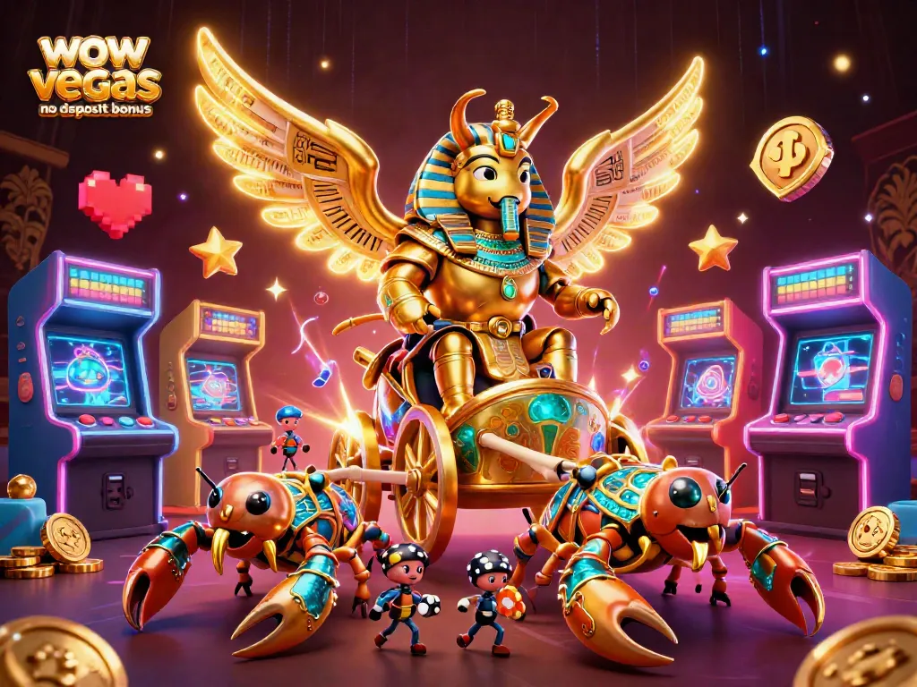 Play and win with the wow vegas no deposit bonus in this vibrant casino-themed scene.