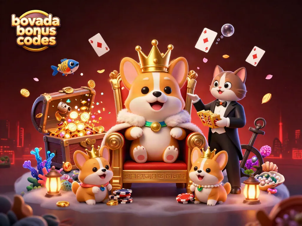 Play with Bovada bonus codes in this vibrant 3D casino scene featuring a royal corgi and treasures.