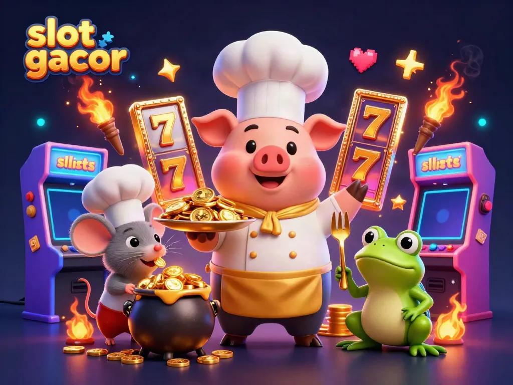 Experience thrilling wins with slot gacor, featuring lively characters amidst vibrant casino elements.