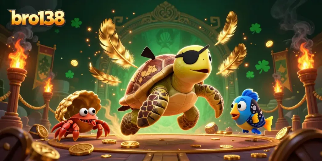 Engaging scene of bro138 characters enjoying their casino adventures with treasure and vibrant energy.