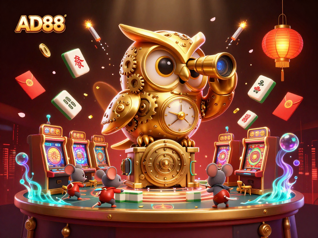 Experience the thrill of AD88 with a dynamic 3D owl and lively casino scene showcasing thrilling gameplay.