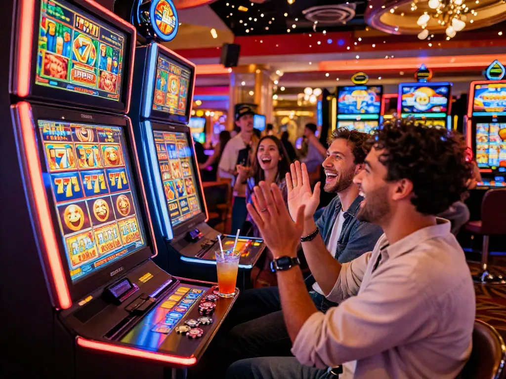 Excited player celebrating a win at a Lucky777 casino slot machine in a vibrant gaming environment.