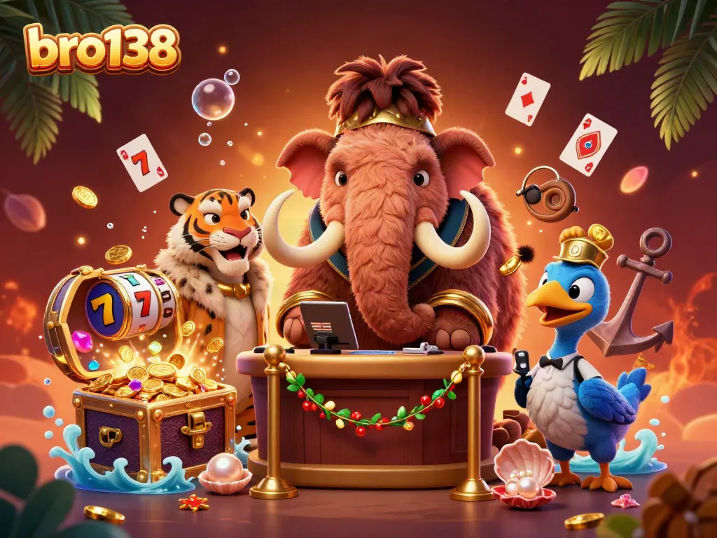 Experience thrilling gameplay at bro138 with a woolly mammoth bouncer welcoming players to a vibrant casino scene.