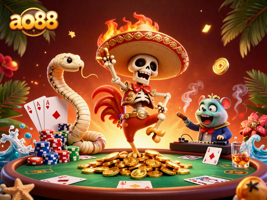 Experience the vibrant energy of ao88 with a 3D scene of a victorious mariachi rooster amid poker chips and casino excitement.