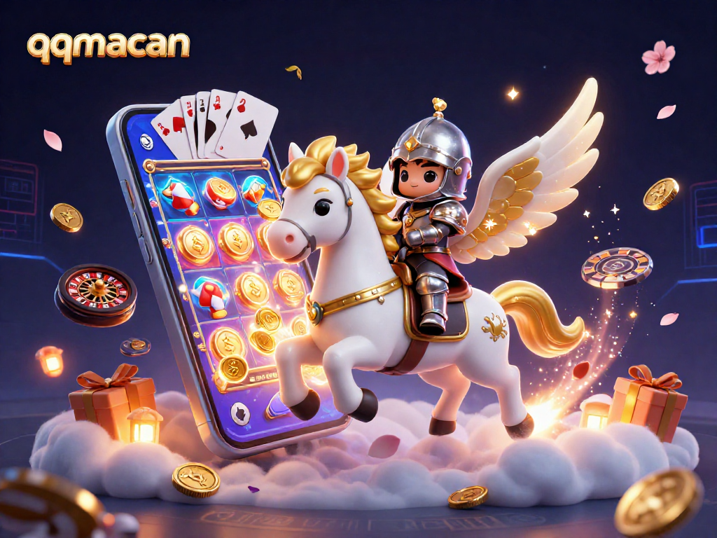 Join the fun at qqmacan, where a white horse and knight celebrate winning with vibrant casino elements.