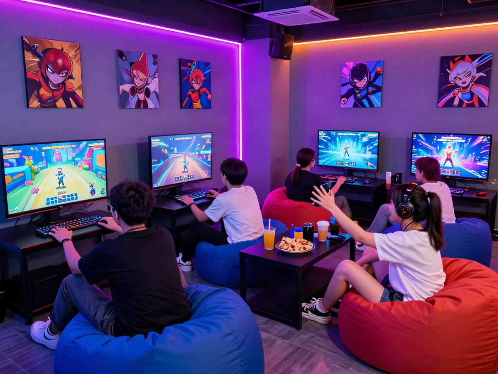 Engaged friends playing porngames in a vibrant gaming lounge.